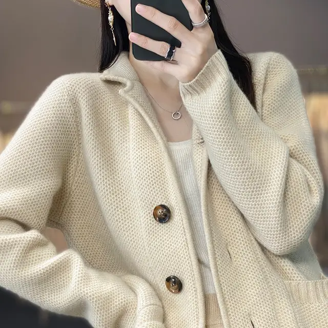 Cardigan Suit Collar Cardigan Coat Woman Beige - Shop at LoveMi