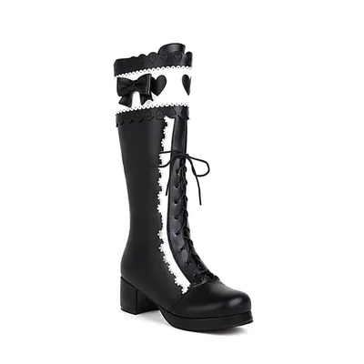 Hollowed Out Bow Color Matching Medium Heel Large Size Boots For Women Black - Shop at LoveMi
