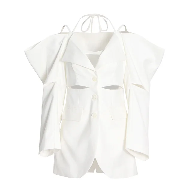 Design Sense Irregular Three dimensional Lace up Suit Hollowed Out Loose Coat For Women White - Shop at LoveMi