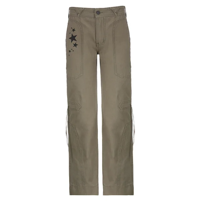 Girls' Fashionable Star Print With Rope Ribbon Jeans Khaki - Shop at LoveMi