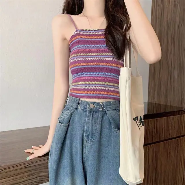 Colorful Striped Knitted Small Suspender Women's Vest Purple - Shop at LoveMi