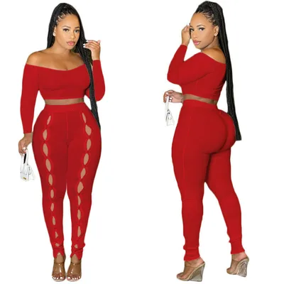 Solid Color One Line Shoulder Wispy Empty Crop Two piece Set Red - Shop at LoveMi