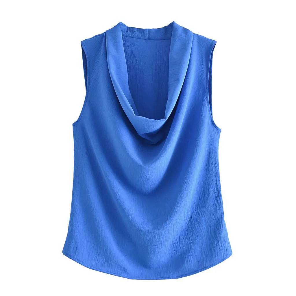 Sleeveless Low Neck Pleated Collar Top Vest - Blue