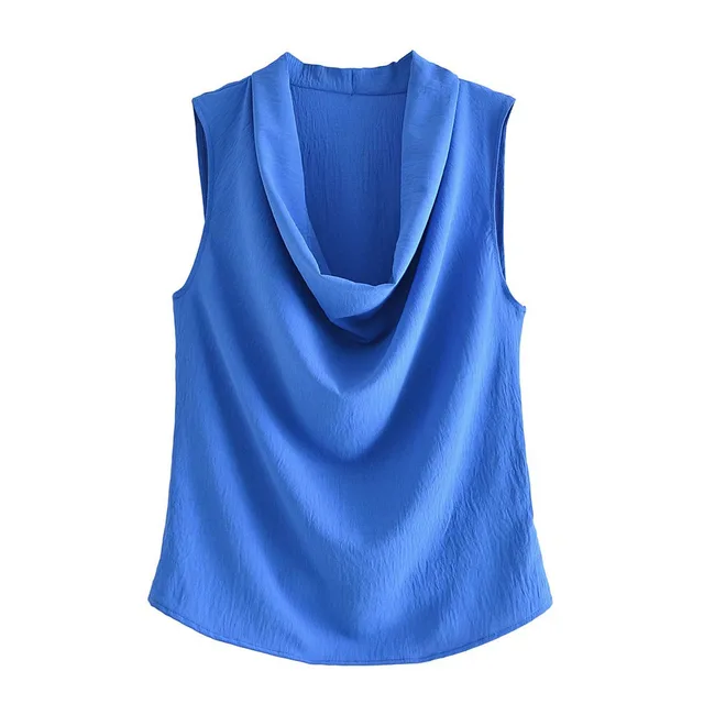 Sleeveless Low Neck Pleated Collar Top Vest Blue - Shop at LoveMi