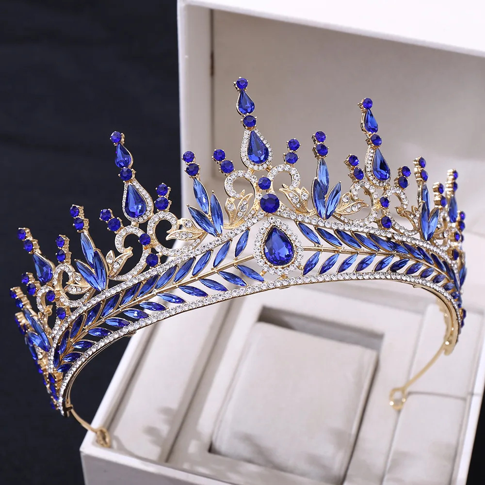 Wedding Headwear Hair Hoop Set Crystal Baroque Large Crown - Gold Biue