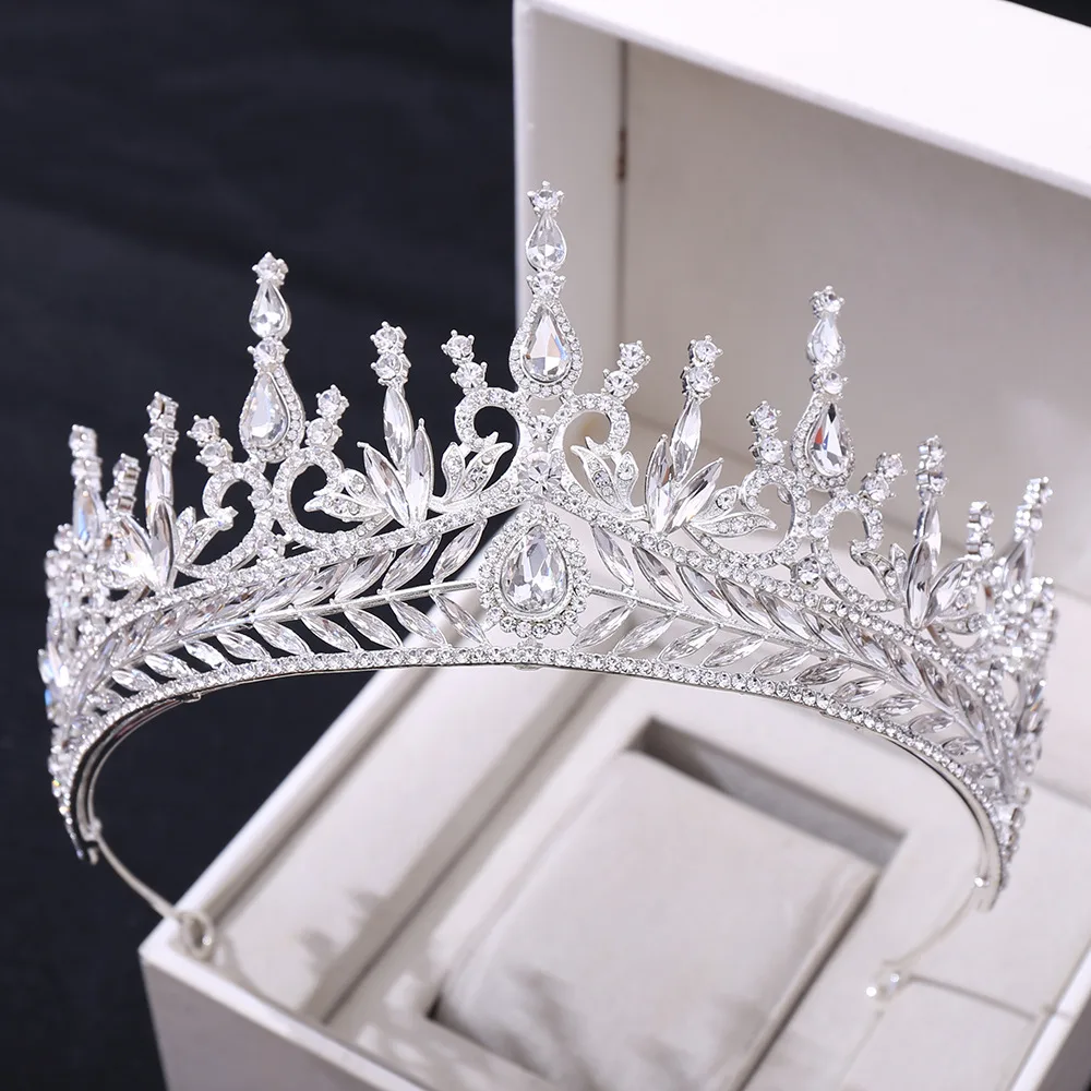 Wedding Headwear Hair Hoop Set Crystal Baroque Large Crown - Silver White