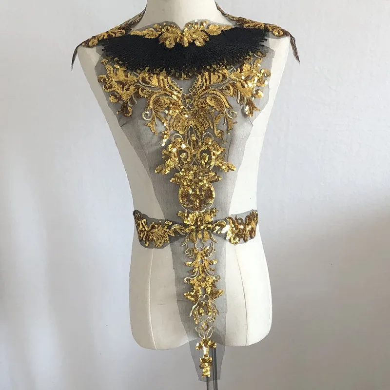 Gold Sequin Flower Gauze Embroidery Cloth Stick Dance Clothes Decorative Accessories Black - Shop at LoveMi