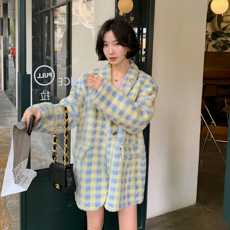 Lamb Fur Integrated Women's Suit Coat Blue - Shop at LoveMi