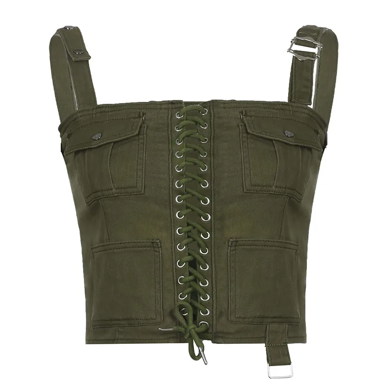 Crossed Corns Lace up Bra Work Dress Women's Vest Army Green - Shop at LoveMi