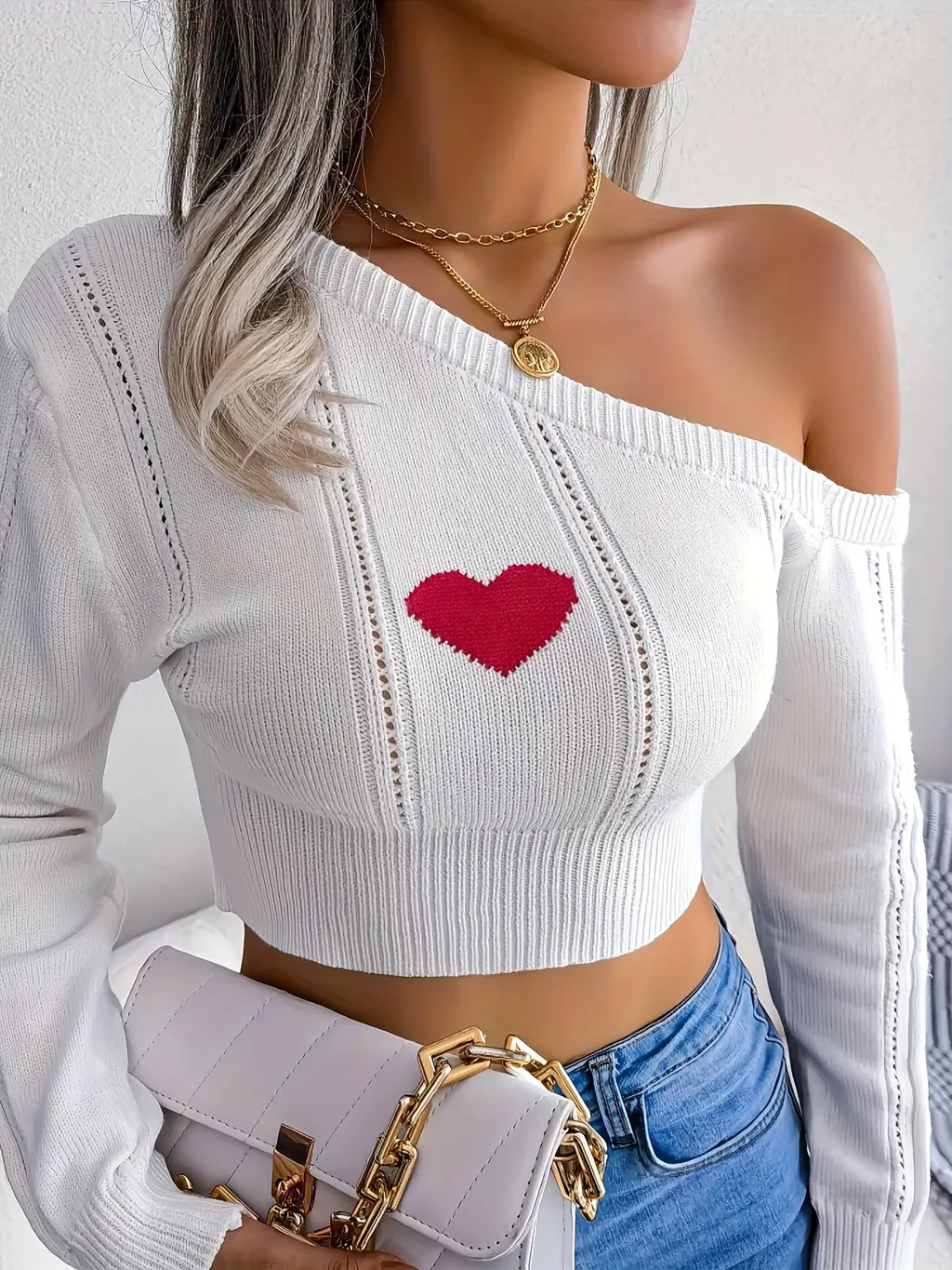 Bare Shoulders Knitted Sweater Women Long Sleeve Short Pullover Clothes - Colorful Love