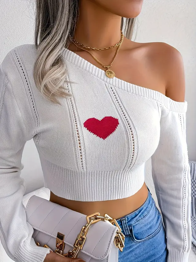 Bare Shoulders Knitted Sweater Women Long Sleeve Short Pullover Clothes Colorful Love White with red heart graphic - Shop at LoveMi