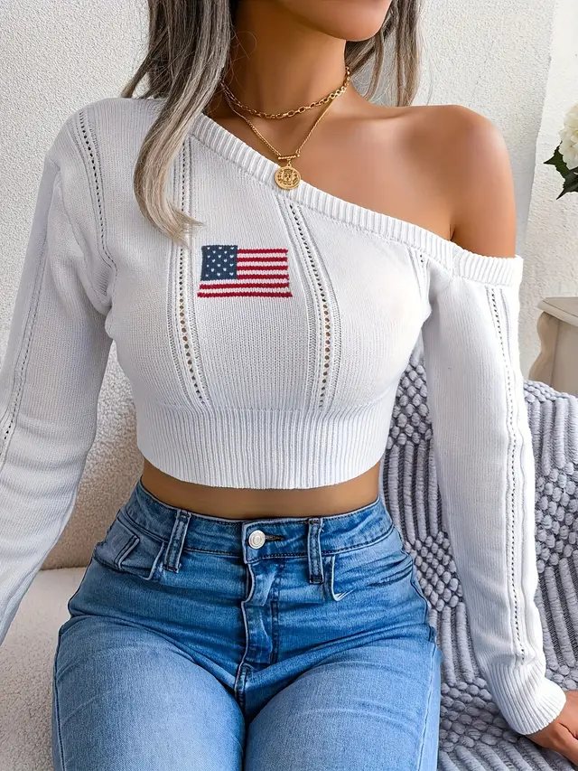 Bare Shoulders Knitted Sweater Women Long Sleeve Short Pullover Clothes Milk White National Flag - Shop at LoveMi