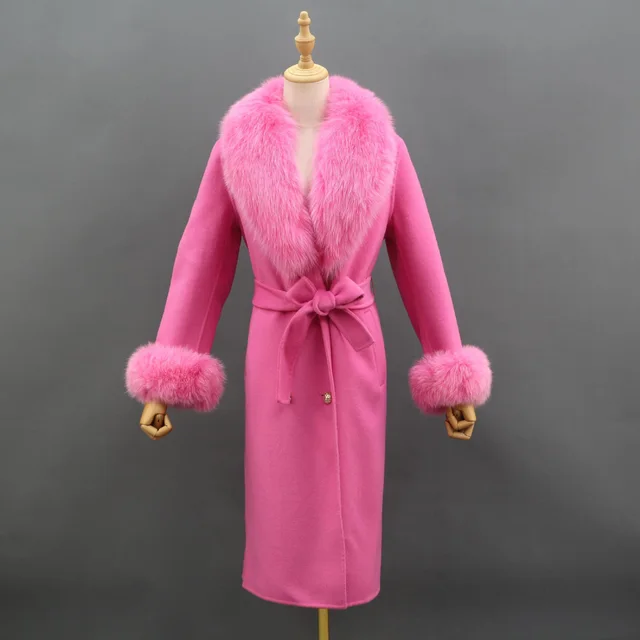 Fox Fur Leader Mouth Detachable Green Fruit Collar Double sided Coat Pink - Shop at LoveMi