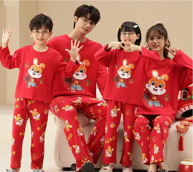 A Family Of Three Or Four Long Sleeved Cotton Pajamas Set Red - Shop at LoveMi