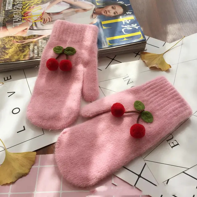 Cherry Rabbit Hair Double layer Warm Mittens Pinkred Cherry - Shop at LoveMi