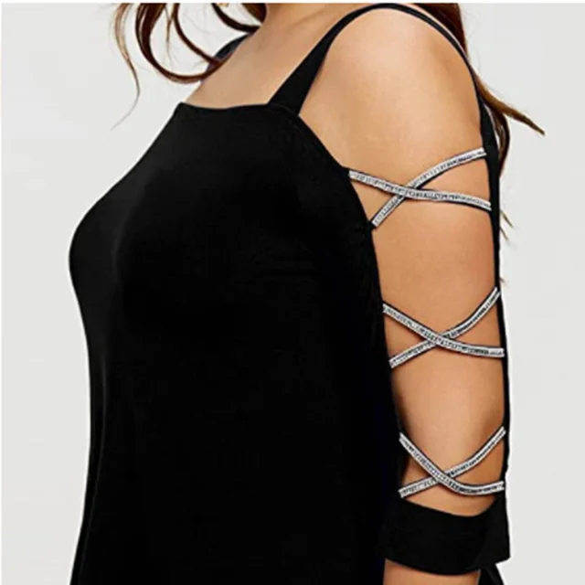 Solid Color Off the shoulder Sequin Sling Loose Plus Size T shirt Black - Shop at LoveMi