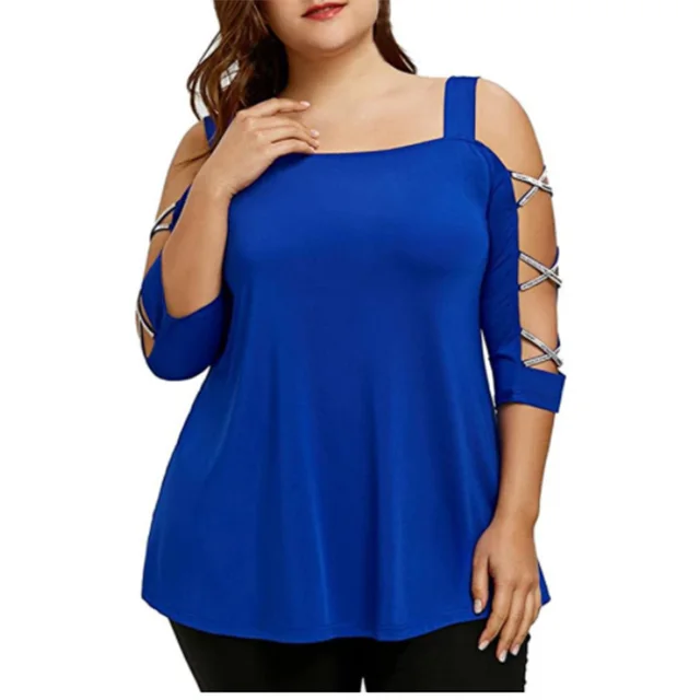 Solid Color Off the shoulder Sequin Sling Loose Plus Size T shirt Blue - Shop at LoveMi