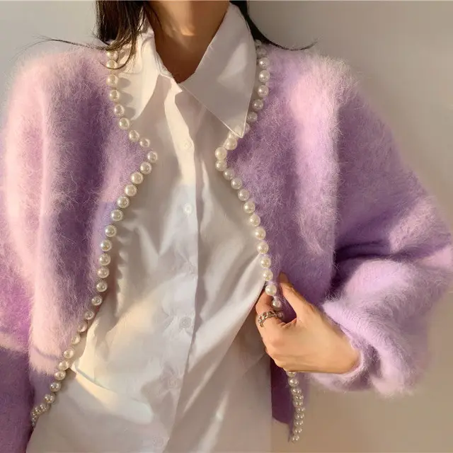 Vintage Thickened Pearl Sweet Lantern Sleeve Mink Fuzz Cardigan Coat Purple - Shop at LoveMi