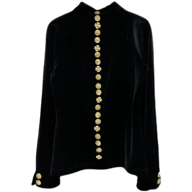 Small Fragrance Retro Velvet Single Breasted T shirt Black - Shop at LoveMi