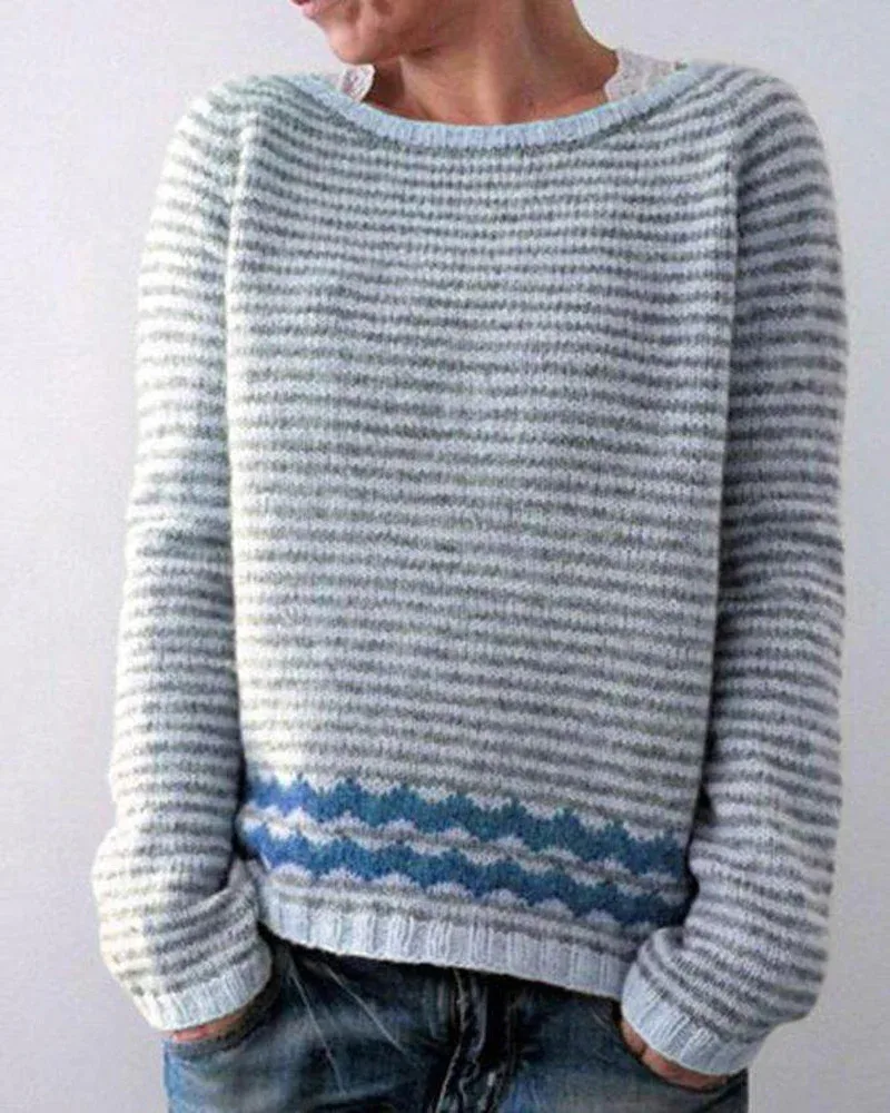 Round Neck Color Contrast Loose Fashion Pullover Stripe Xl - Shop at LoveMi