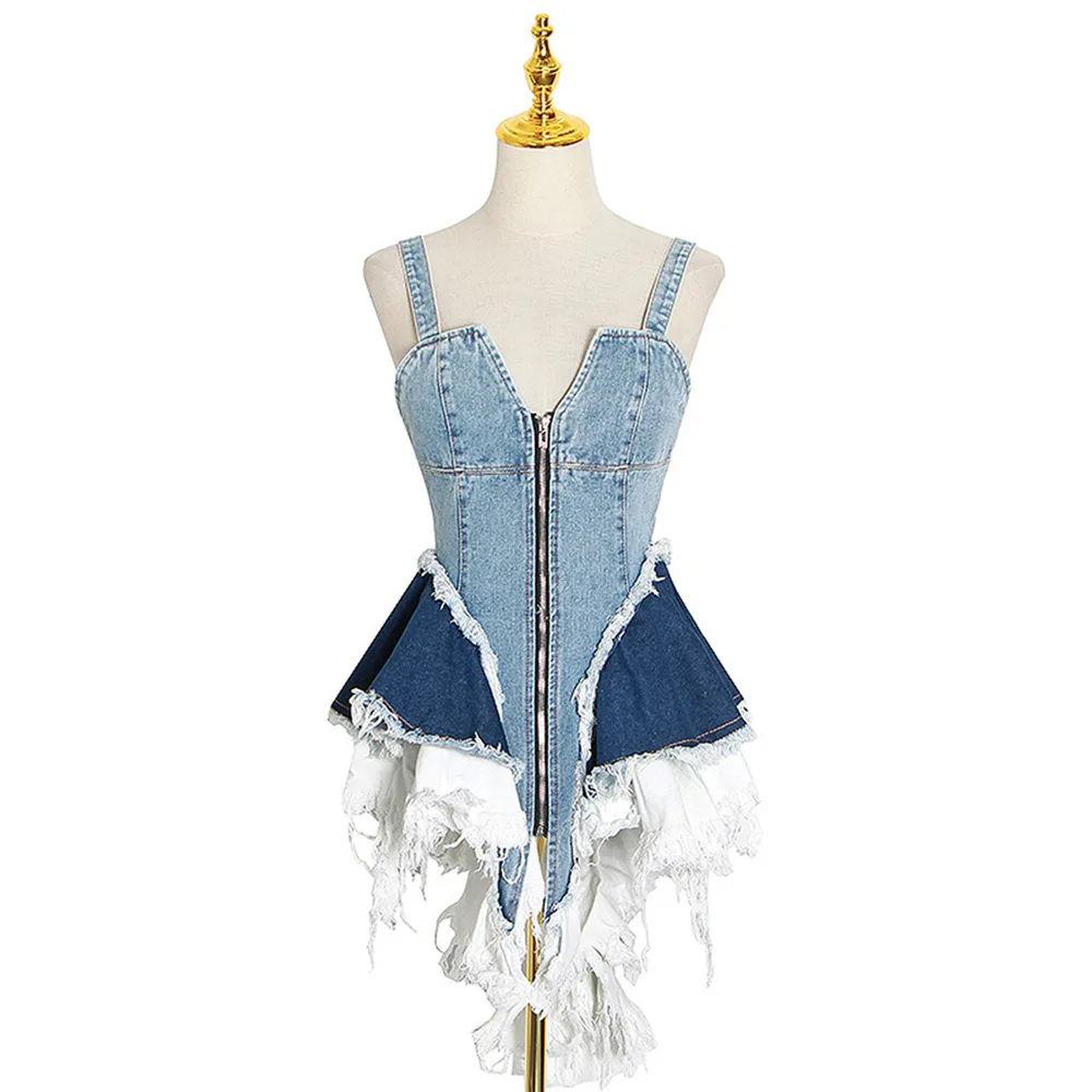 Raw edged Old Color Matching Denim Suspender Dress Blue - Shop at LoveMi