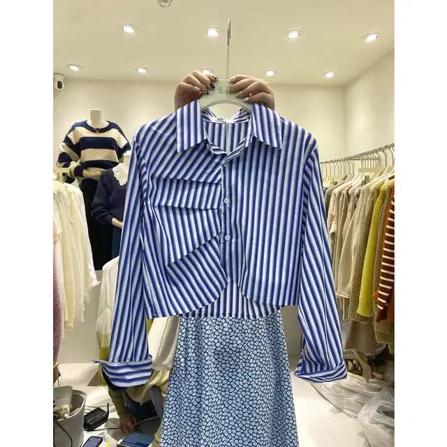 Irregular Design Fashionable And Versatile Lapel Tops Blue Stripes - Shop at LoveMi