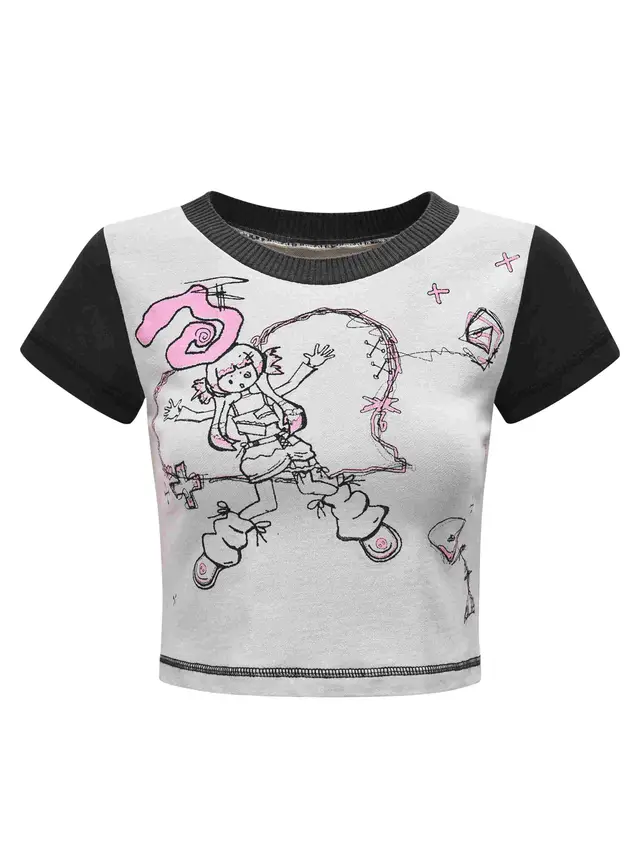 SassyLove Hand painted Girl Print Light Grey Short T shirt White - Shop at LoveMi
