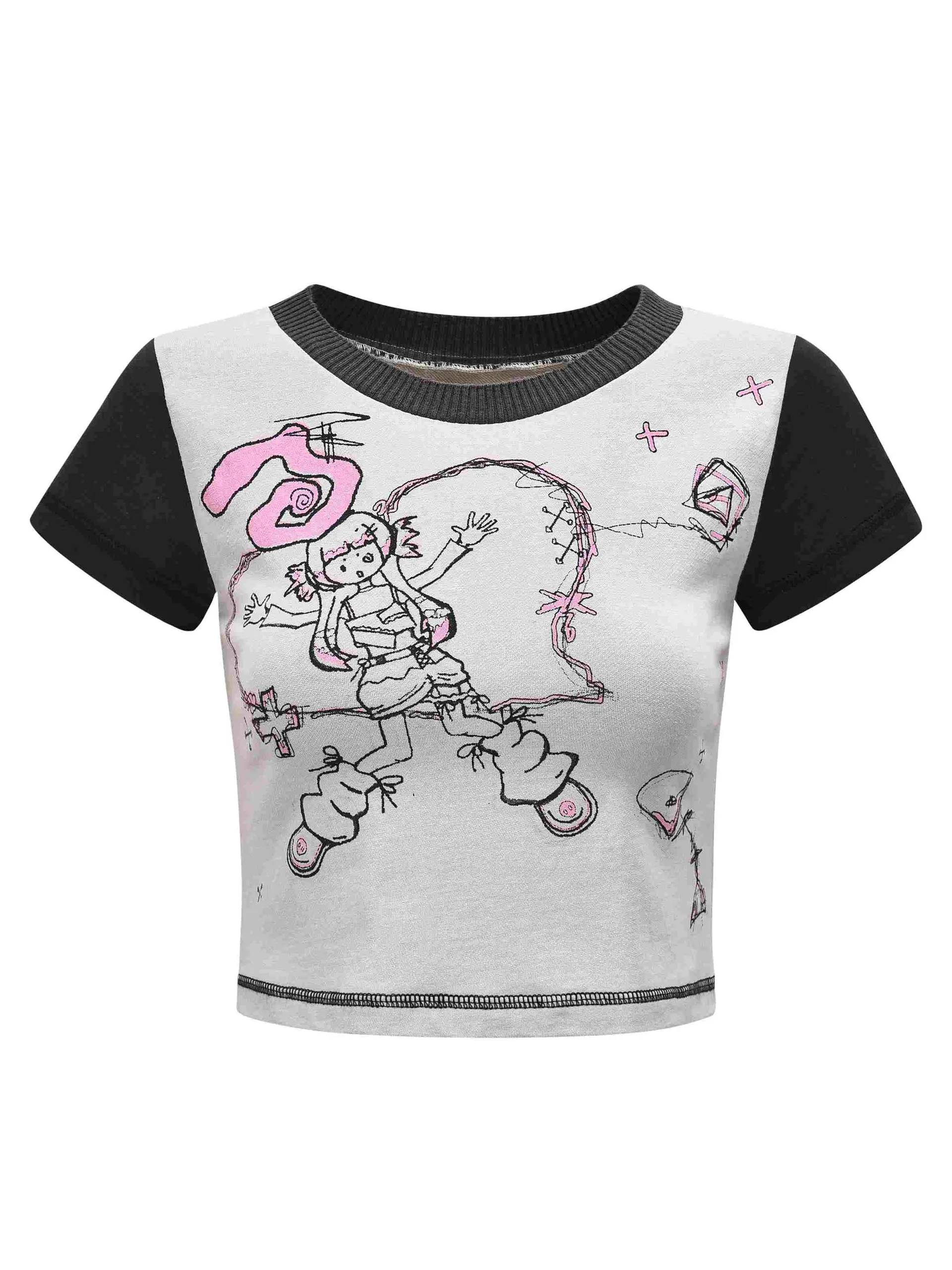 SassyLove Hand-painted Girl Print Light Grey Short T-shirt - White