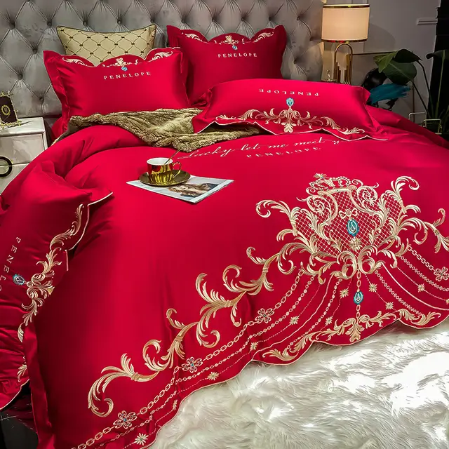 Ice Silk Quilt Sets Bed Sheets Bedding Four piece Set Wine Red - Shop at LoveMi