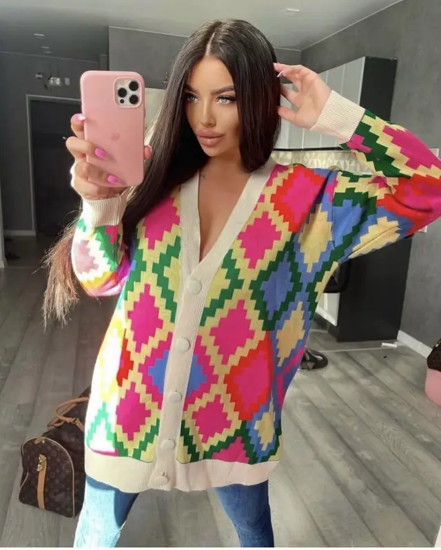 Sweater Coat Knitted Geometric Cardigan Loose Apricot - Shop at LoveMi