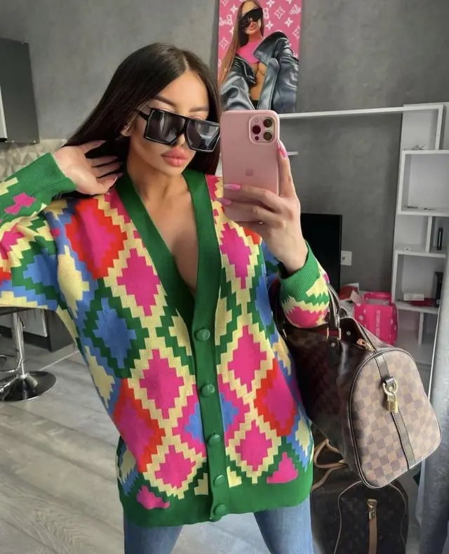 Sweater Coat Knitted Geometric Cardigan Loose Army Green - Shop at LoveMi