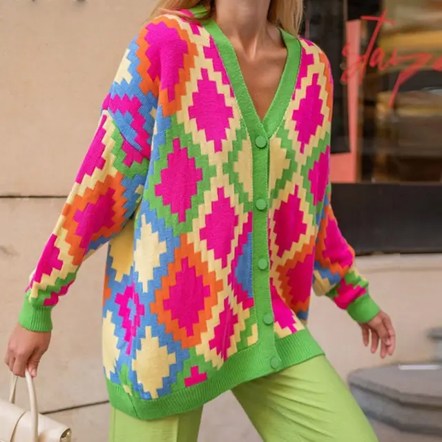 Sweater Coat Knitted Geometric Cardigan Loose Green - Shop at LoveMi