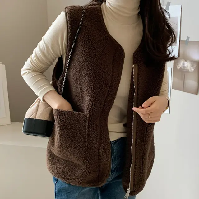 Lamb Wool Vest Jacket Woman Coffee - Shop at LoveMi