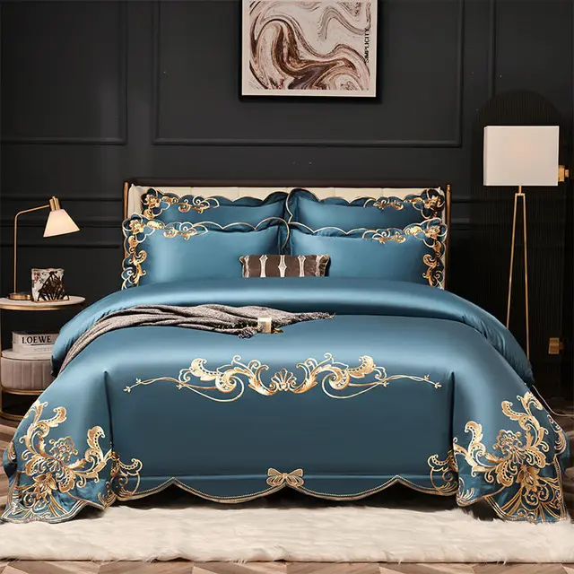 Velvet Four piece Set Solid Color Embroidered Quilt Set Bed Sheet Blue - Shop at LoveMi