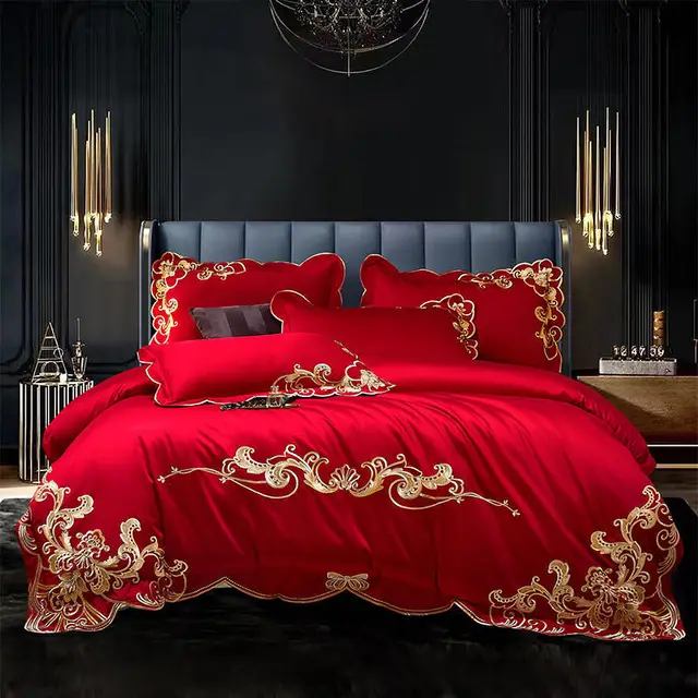 Velvet Four piece Set Solid Color Embroidered Quilt Set Bed Sheet Red - Shop at LoveMi