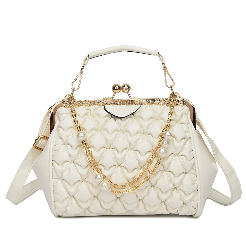 Pleated Personalized Retro Texture Portable Clip Buckle Messenger Tote Bag White - Shop at LoveMi