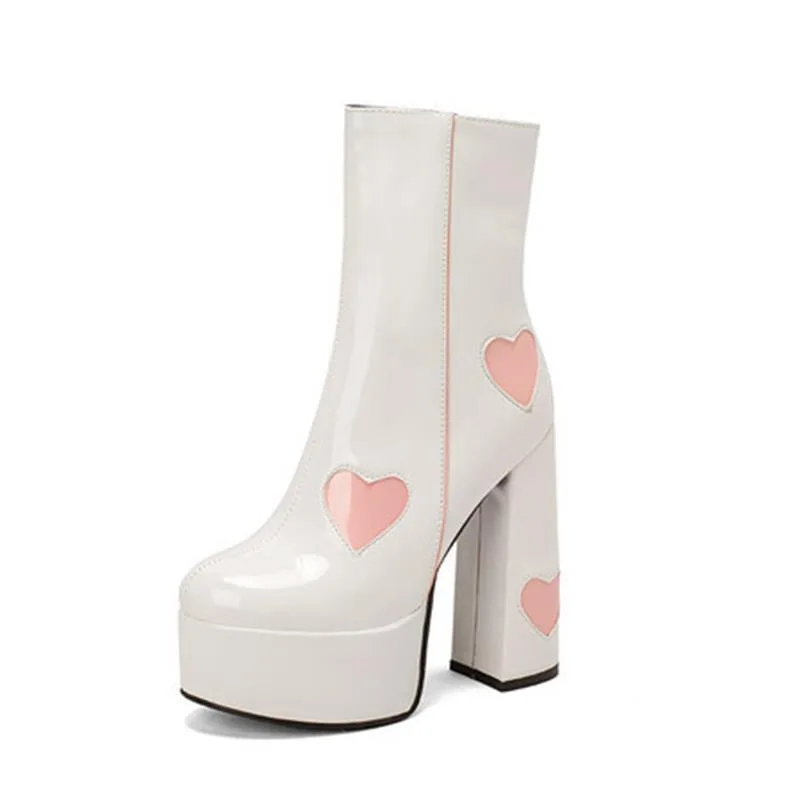 Autumn And Winter Water Platform Super High Heel Heart Ankle Boots White - Shop at LoveMi