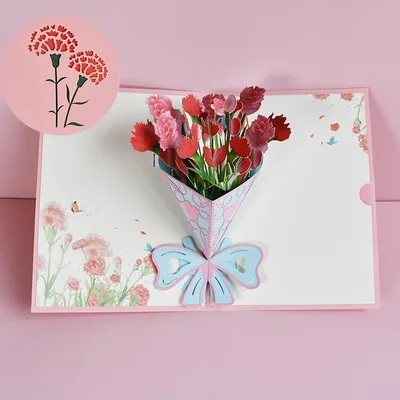 Three dimensional Greeting Card Hand carved Paper Blessing Card Color Printed Carnations - Shop at LoveMi