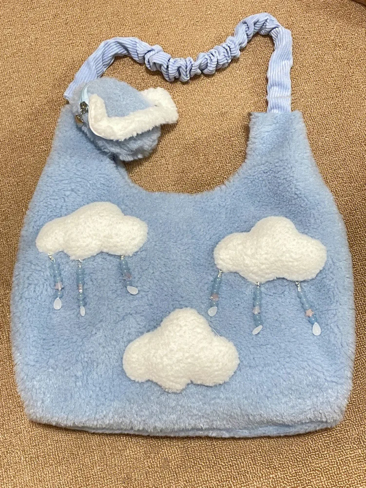 Cute Girl Plush Cloud Large Capacity Bag Female Blue - Shop at LoveMi