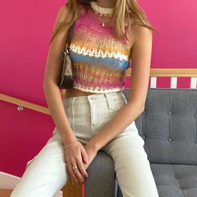 Patchwork Bump Gradient Camisole Sleeveless Half turtleneck Top Pink - Shop at LoveMi
