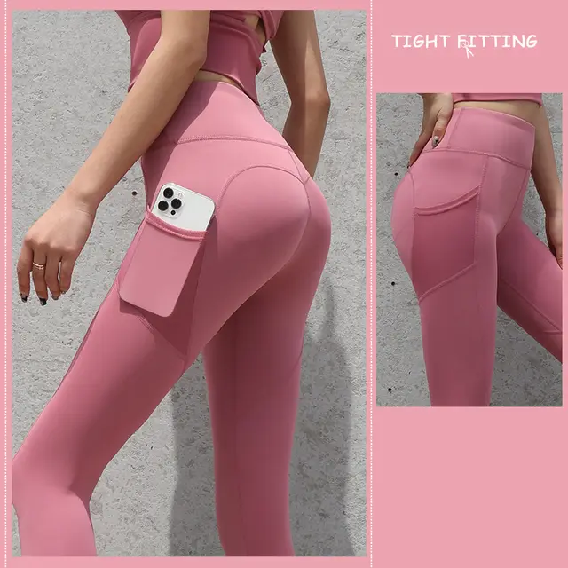 Gym Sport Seamless Leggings With Pockets Push Up High Waist Pants Women Fitness Running Yoga Pants Gym Sport Seamless Leggings Bean Paste Powder - Shop at LoveMi