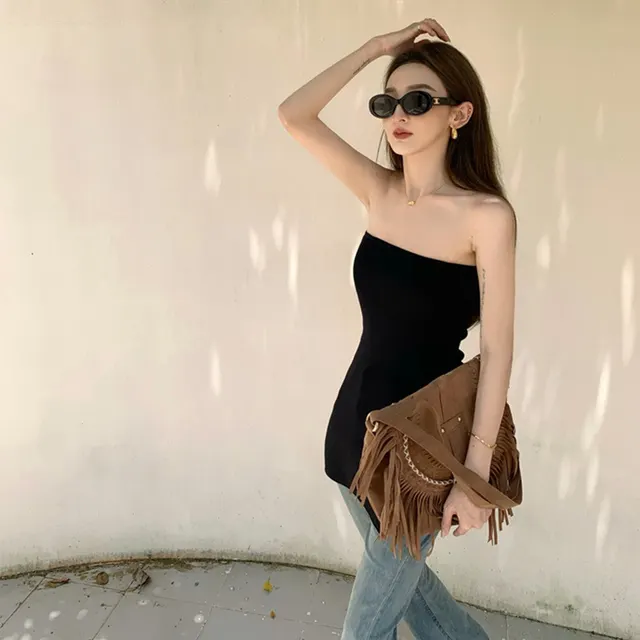 Straight Neck Backless Bra Slim Irregular Hem Tank Top Female Black Bra - Shop at LoveMi