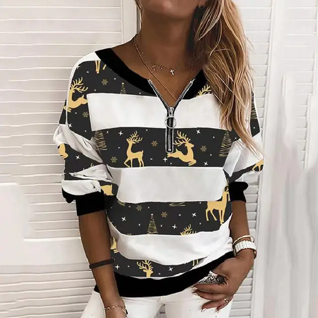V neck Christmas Printed Women's Long sleeved Sweater Black - Shop at LoveMi