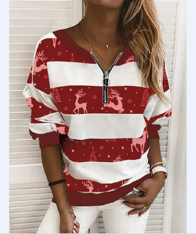 V neck Christmas Printed Women's Long sleeved Sweater Red - Shop at LoveMi