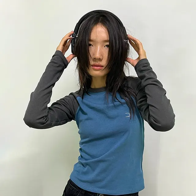Fashion Short Contrast Long Sleeved Top Blue Grey - Shop at LoveMi