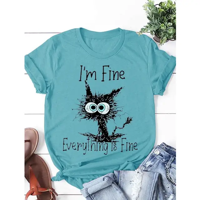 English Printed T shirt Pullover Round Neck Casual Short Sleeve Women's Wear Blue - Shop at LoveMi
