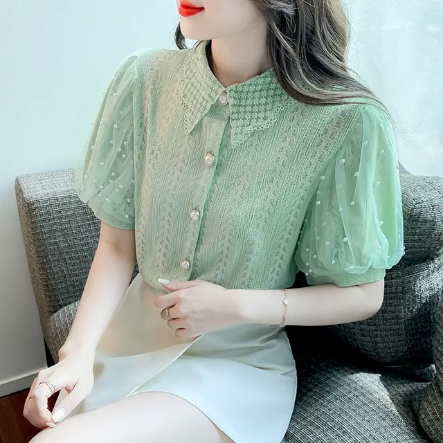 Short sleeved Lace Shirt Top Elegant Foreign Style Hollow Shirt Green - Shop at LoveMi