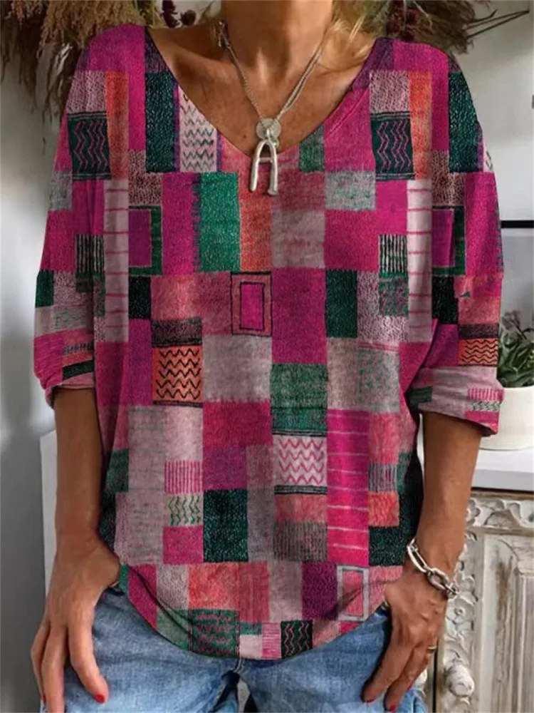Loose Long Sleeved Huamang V Neck T Shirt Color1 L - Shop at LoveMi