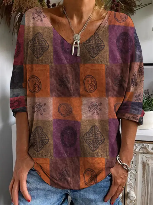 Loose Long Sleeved Huamang V Neck T Shirt Color8 - Shop at LoveMi