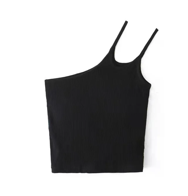 Tight fitting Short Crop Inside Take Oblique Shoulder Back Center Female Outer Wear Suspender Top Black - Shop at LoveMi